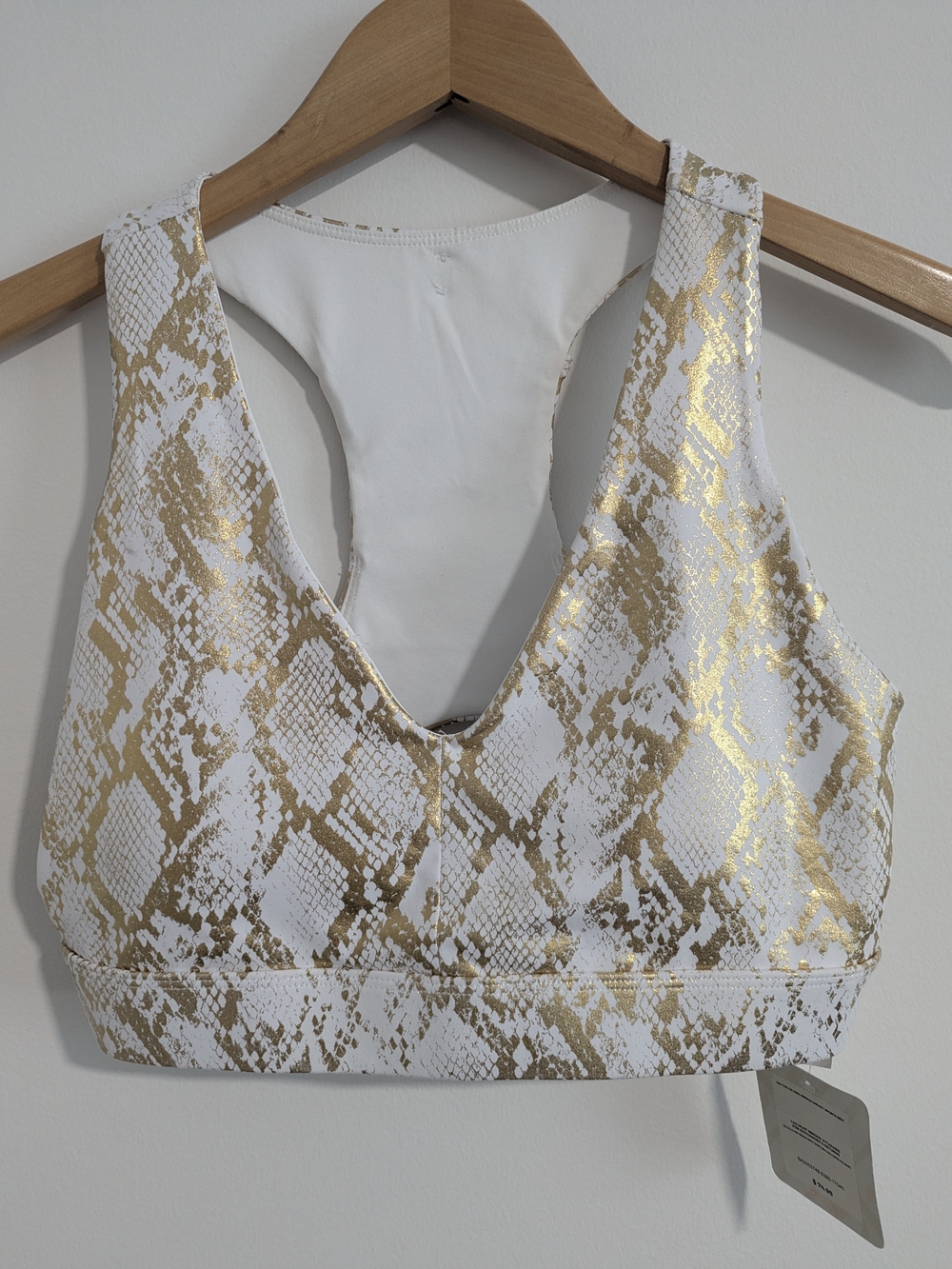 Fabletics On The Go White and Gold Snake-Print Medium Impact Sports Bra M
